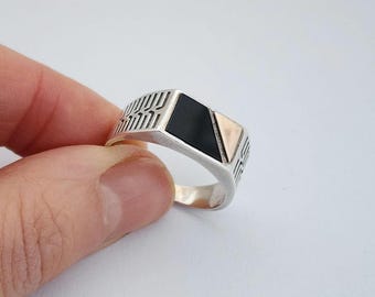 Vintage Black Onyx Sterling Silver Signet Ring, UK Size R