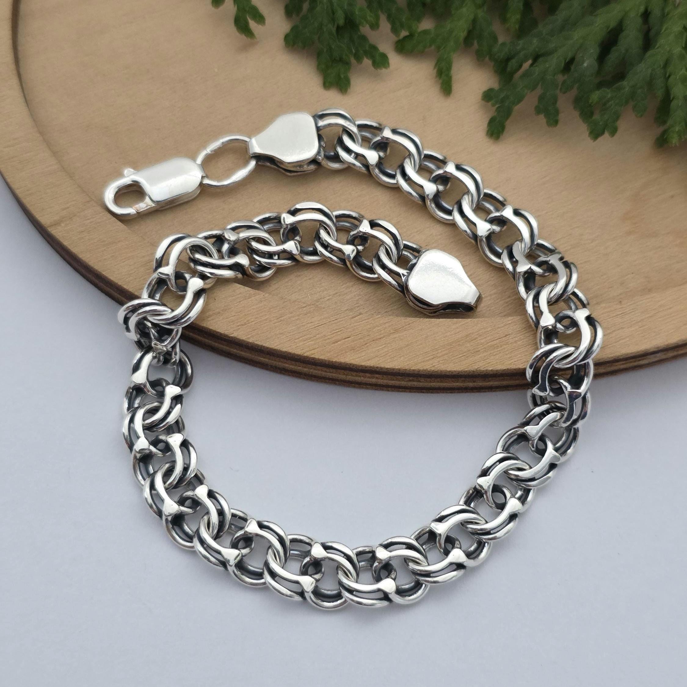 silver925 Bismarck chain bracelet 1点物 Heavy Vintage Bismarck Bracelet 925 Sterling Silver Oxidized