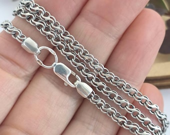 Chain Necklace Vintage Sterling Silver Rolo Chain Oxidized 925 Silver Chain Unisex Round Link Necklace Rustic Jewelry Gift