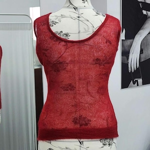 Vintage Red Mohair Knit Vest - Unisex Sleeveless Sweater for Men and Women