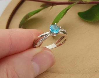 Sterling Silver Ring Vintage Sky Blue Cubic Zirconia Solitaire Ring Double Band CZ Statement Ring Romantic Gift for Her Size 6