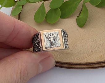 大天使ミカエルのシグネットリング：スターリングシルバー、ゴールドの