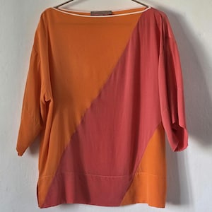 Vintage Roksanda Ilincic Silk Blouse Orange Pink Color Block Boat Neck Top  Designer Loose Fit Blouse  Size UK 8