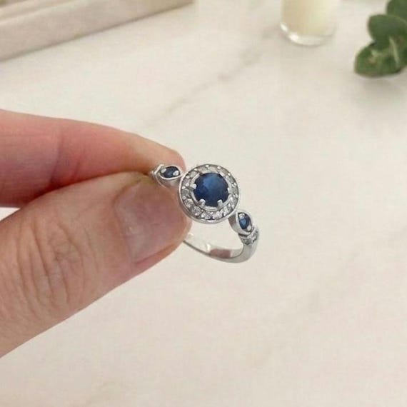 Ring Vintage Art Deco Sterling Silver Lab Grown Blue Sapphire Cubic Zirconia Halo Cocktail Anniversary Gift her Size 6