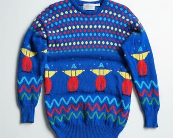 Pull en laine Shetland vintage des années 80 bleu Funky Fair Isle pull pure laine vierge tricoté à la main pull écossais rétro hiver cadeau unisexe