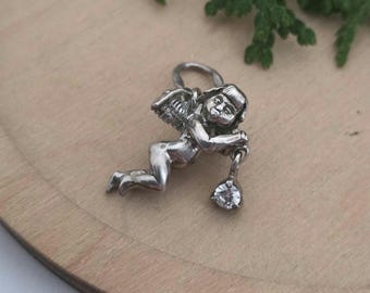 Vintage Sterling Silver Cupid Pendant  Angel Cherub with CZ Stone