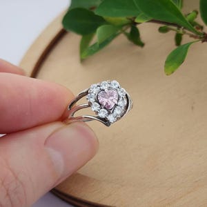 Vintage Sterling Silver Pink Heart Ring: Cubic Zirconia Halo, Romantic Gift