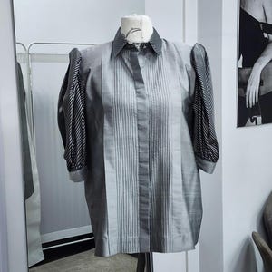 Vintage 1980s Gray Silk Blouse with Striped Puff Sleeves and Shoulder Pads