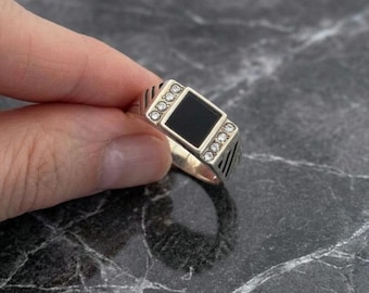 Signet Ring for Men Vintage 875 Silver Black Onyx Mens Statement Ring Brutalist Jewelry Retro Gift for Husband Large Size 12 Solid Band
