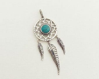 Colgante atrapasueños vintage de plata de ley 925 con piedra azul turquesa y colgante de pluma estilo boho.