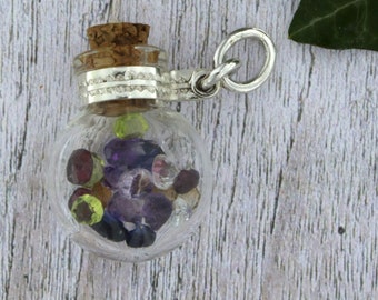 Glass Bottle Pendant, Semiprecious Stones and Sterling Silver, Gift for her, Birthday Gift