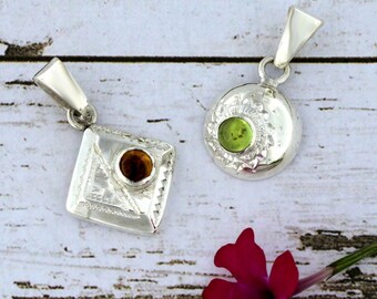 Small Pendant for Women and Girls, Sterling Silver with Stone, Round or Square, Gift for her, Children&#39;s Jewelry