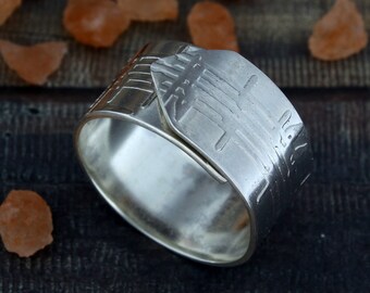 Adjustable Sterling Silver Music Pentagram Ring, Wide Band