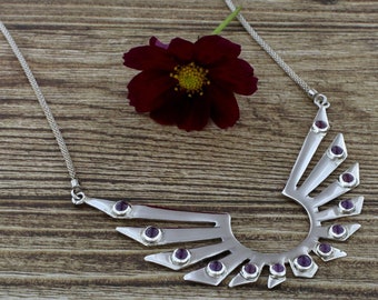 Sterling Silver Sunrise Bib Necklace, Natural Gemstone Jewelry