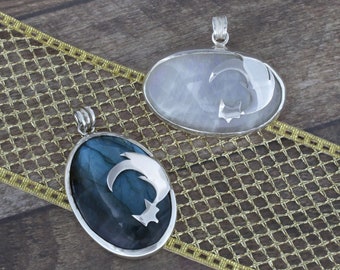 Fire Fox Pendant, Sterling Silver & Natural Stone, Northern Light Pendant for Women, Gift for her