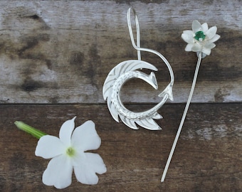 Dragon & Flower Asymmetrical Earrings, Sterling Silver and Gemstone, Myth inspired