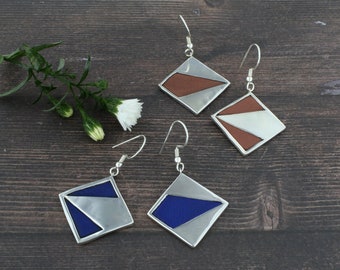 Asymmetrical Earrings, Sterling Silver and Leather, Geometric Earrings, Gift for her