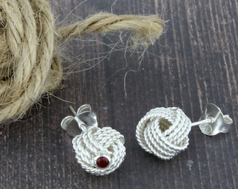 Sterling Silver Natural Garnet Skein Stud Earrings, Handmade Jewelry