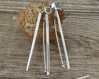 Minimalist Sterling Silver Natural Gemstone Brooch, Handmade Jewelry
