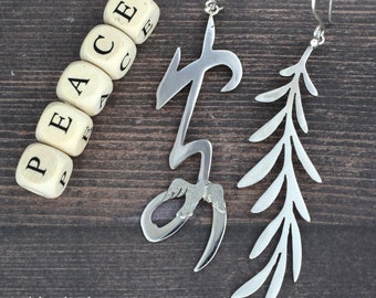 Sterling Silver Asymmetrical Peace Kanji Earrings, Dove & Olive Branch