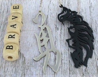 Asymmetrical Sterling Silver Earrings, Kanji Brave & Lion Dangle