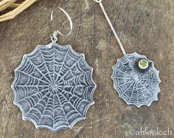 Sterling Silver Asymmetrical Spider Web Dangle Earrings, Gemstone Jewelry