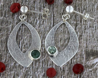 Handmade Sterling Silver Natural Gemstones Marquise Dangle Earrings, Asymmetrical Jewelry