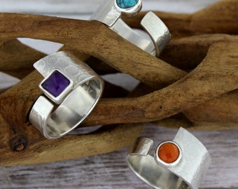 Adjustable Wide Band Ring, Sterling Silver and Semiprecious Stone