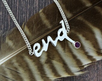 Sterling Silver Word Necklace, Natural Gemstone, Handmade Jewelry