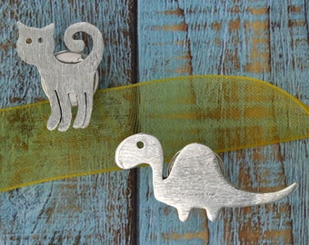 Handmade Sterling Silver Animal Pin, Cat, Dinosaur, Fish