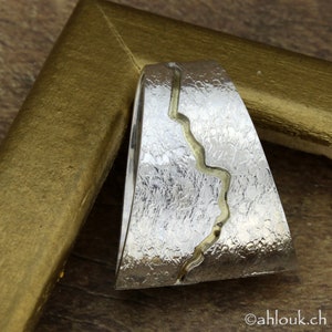 May include: A silver-colored pendant with a textured surface and a gold-colored, winding design. The pendant is set against a gold-colored frame, creating a striking contrast. The design is reminiscent of a river or a lightning bolt.