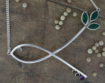 Sterling Silver Fish & Tree Necklace, Natural Gemstones, Handmade