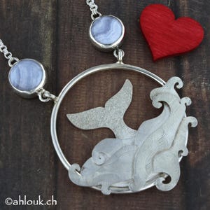 Sterling Silver and Stones Whale & Ocean Necklace, Handmade Jewelry Chalcedony