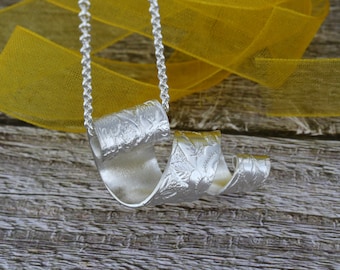 Floral Texture Sterling Silver Curl Pendant, Handmade