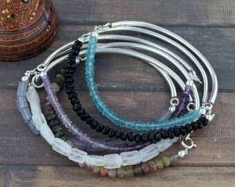 Minimalist Stone Bead Bracelet, Sterling Silver Semi-Rigid Bangle