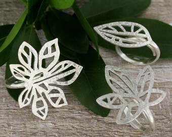 Adjustable Sterling Silver Leaf Ring, Handmade Natural Jewelry