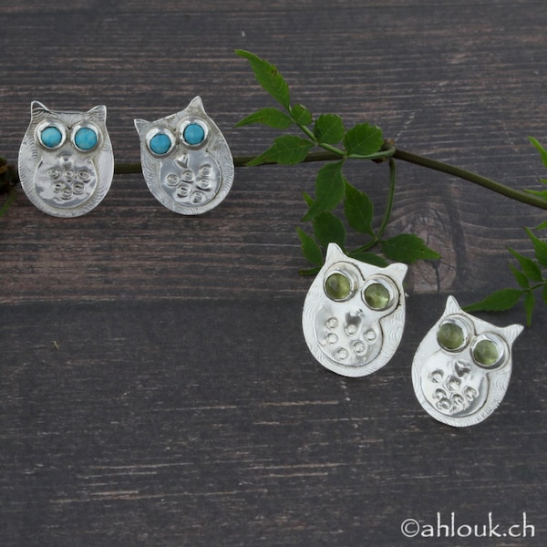 Owl Stud Earrings, Sterling Silver and Gemstones, Cute Gift for Birthday, Children's Jewelry, Gift for her