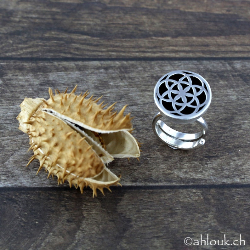 May include: A silver ring with a black openwork design in the shape of a flower of life. The ring is on a wooden surface next to a dried spiky seed pod.