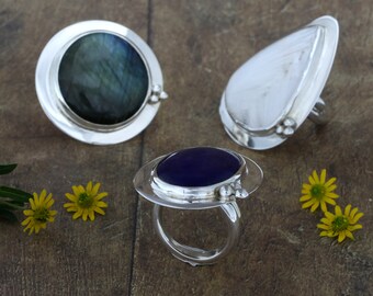 Adjustable Gemstone Sterling Silver Ring, Handmade Statement Jewelry