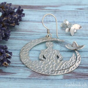 Asymmetrical Sterling Silver Lotus Flower Earrings, Handmade Yoga lovers Jewelry image 2