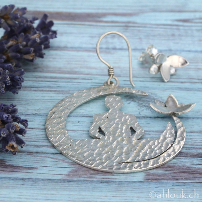Asymmetrical Sterling Silver Lotus Flower Earrings, Handmade Yoga lovers Jewelry image 2