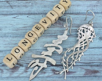 Asymmetrical Sterling Silver Earrings, Kanji Longevity & Jellyfish Dangle