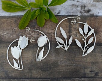 Sterling Silver Asymmetrical Tulip Leaf Earrings, Handmade Floral Jewelry