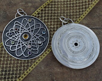 Multi Stone Pendant, Big Round Pendant Necklace, Handmade Engraved Pendant, Sterling Silver and Semiprecious Gemstones, Gift for Her