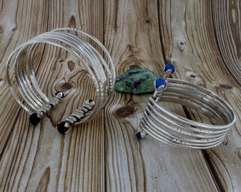 Handmade Sterling Silver Multi Strand Cuff Bracelet, Natural Stone Beads