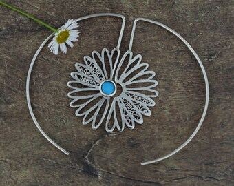 Asymmetrical Sterling Silver Daisy Threader Earrings, Filigree, Natural Stone