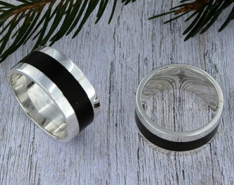 Handmade Sterling Silver Ebony Wood Wide Band Ring, Man Jewelry