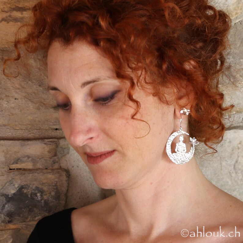 Asymmetrical Sterling Silver Lotus Flower Earrings, Handmade Yoga lovers Jewelry image 5