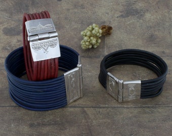 Unisex Leather Multistrand Bracelet, Hand Engraved Sterling Silver Clasp