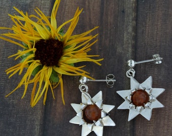 Sterling Silver Sunflower Dangle Earrings, Natural Stone Center